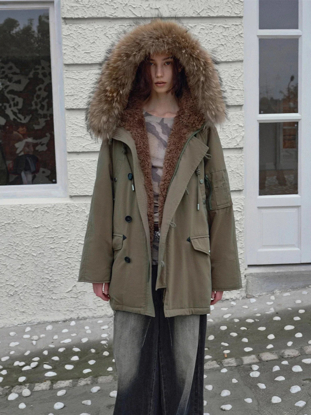 Fireladyfur Women's Shearling Lined Down Parka With Raccoon Fur Collar Hood"Coastal Highway II"