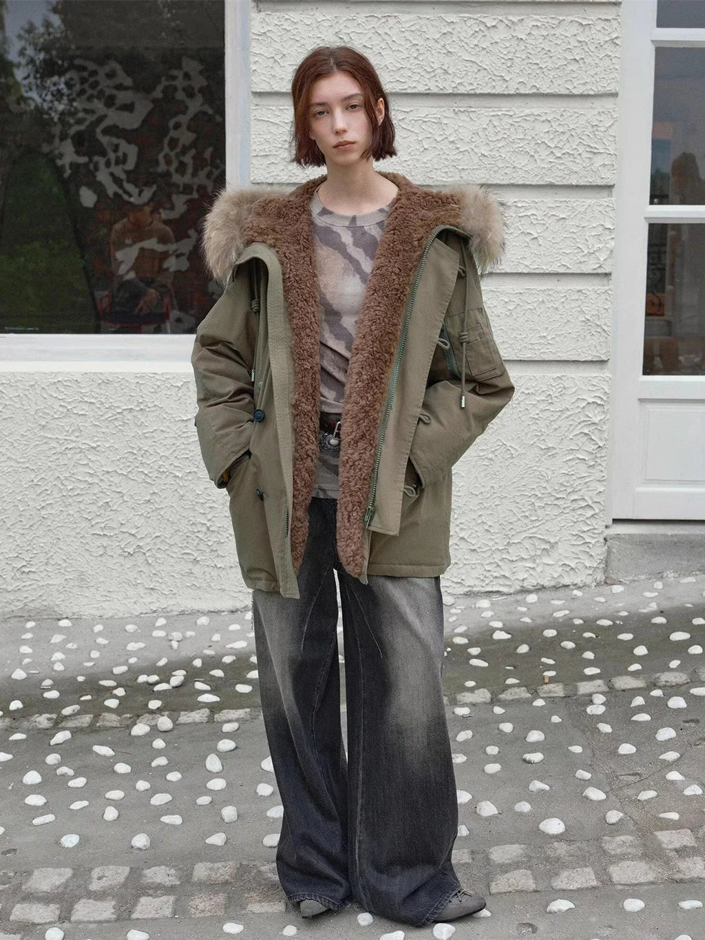 Fireladyfur Women's Shearling Lined Down Parka With Raccoon Fur Collar Hood"Coastal Highway II"