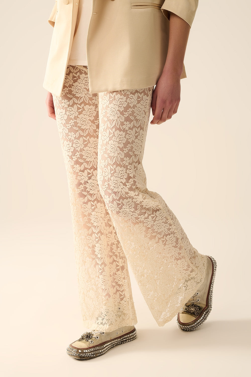 Cream Flare Pants in Floral Lace