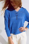Jersey de punto de ganchillo con cuello en V y cuello polo en azul