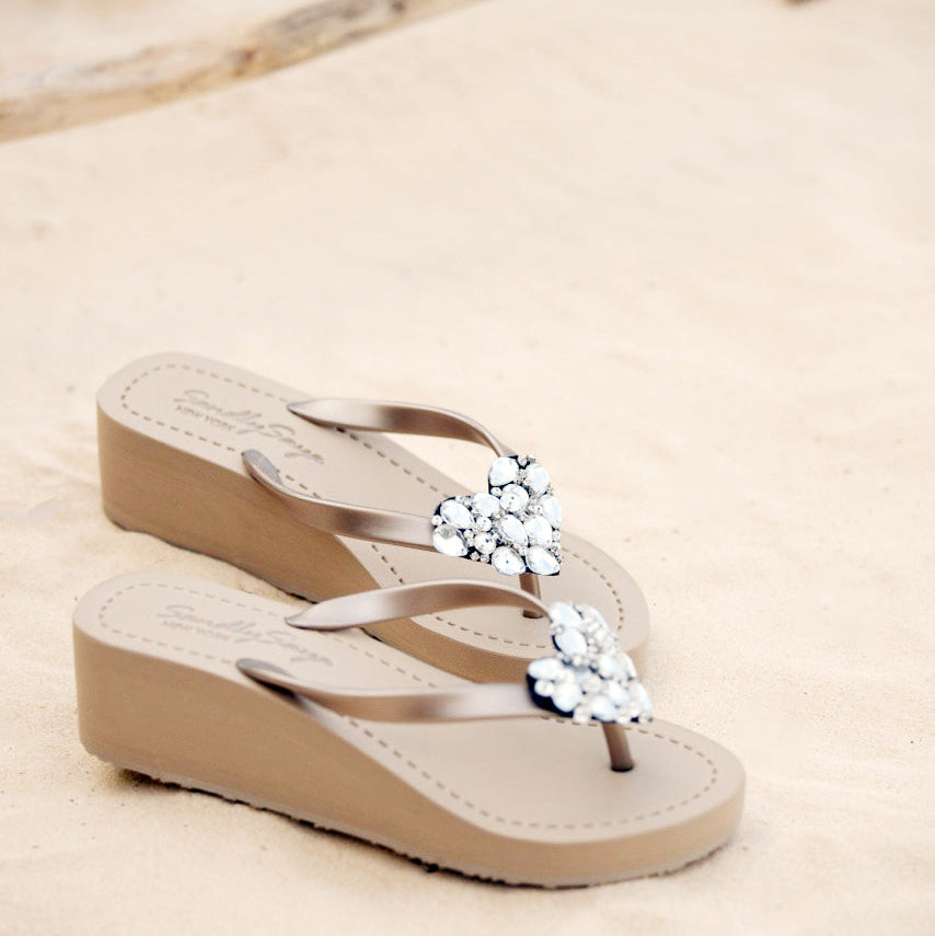 Crystal Heart - Rhinestone Mid Wedge Flip Flops Womens Embellished Sandals