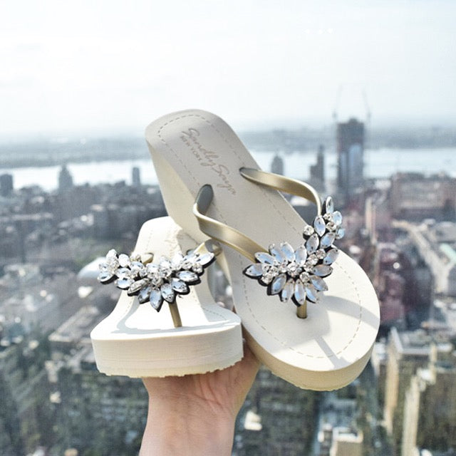 Bloom Crystal Wedge Sandals – Handcrafted in New York: Manhattan High Wedge Flip Flops Sandal