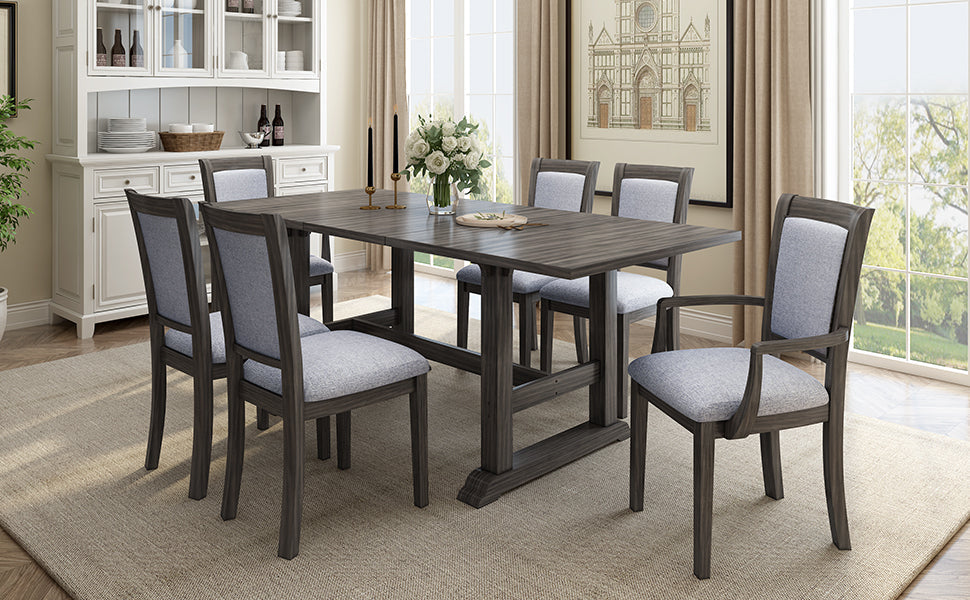 7-Piece Updated 76.9inch Extendable Trestle Dining Table Set With Removable Leaf, Kitchen Table Set With Upholstered Sid