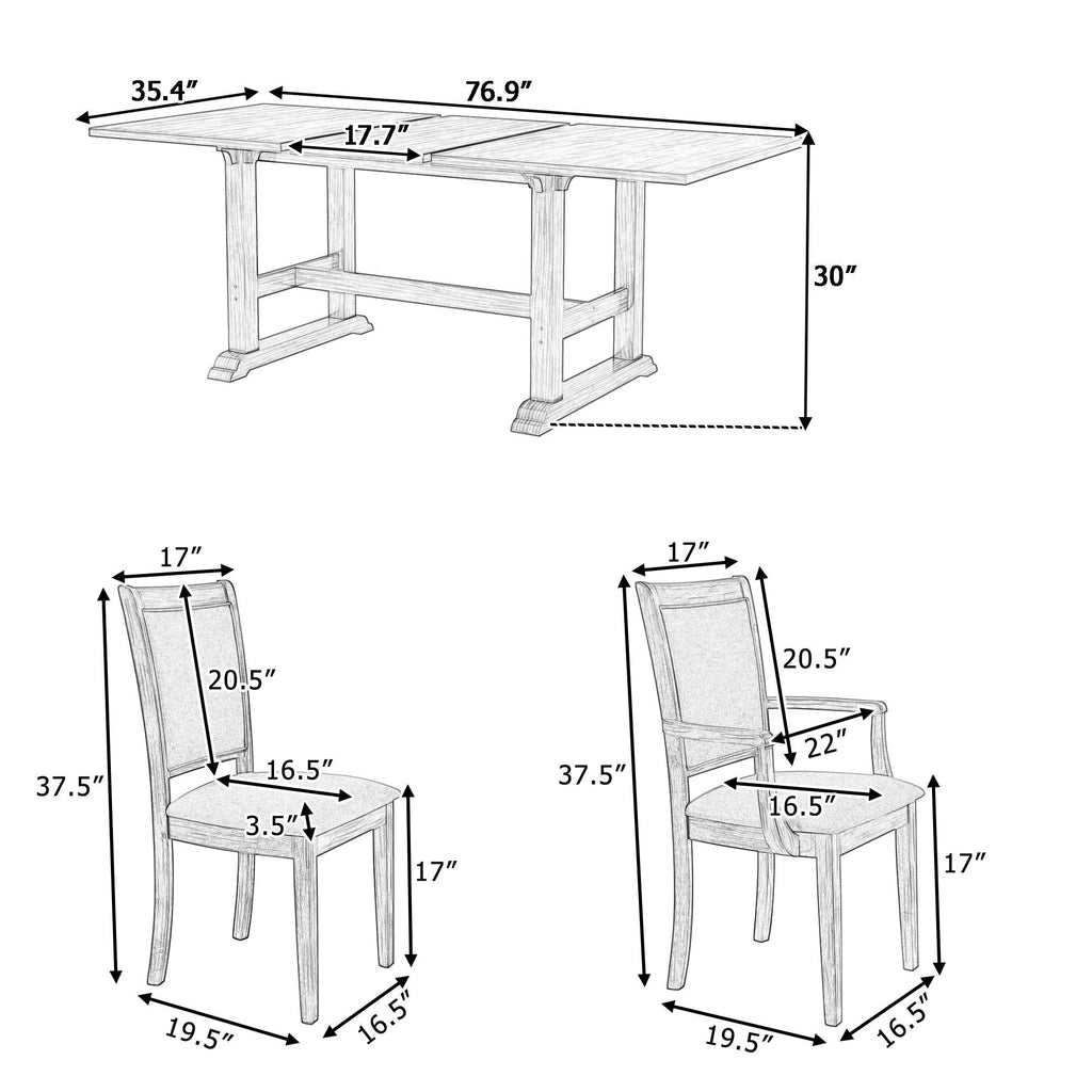 7-Piece Updated 76.9inch Extendable Trestle Dining Table Set With Removable Leaf, Kitchen Table Set With Upholstered Sid