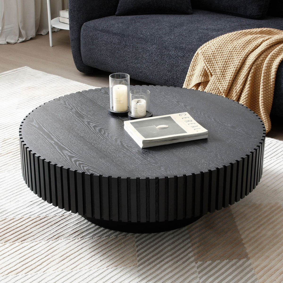 BLACK MDF Coffee Table 39.37inch Modern Handcraft Drum Coffee Table Round Wood Coffee Table for Living Room, Apartment