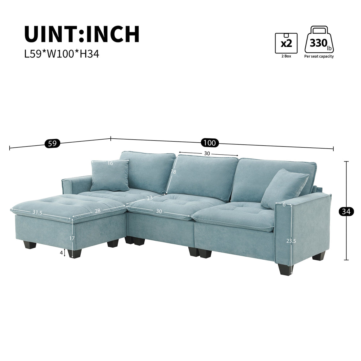100*59" Modern Convertible Sectional Sofa,L-Shaped Reversible Couch Set With Free Pillows,4 Seat Suede Velvet Sleeper So