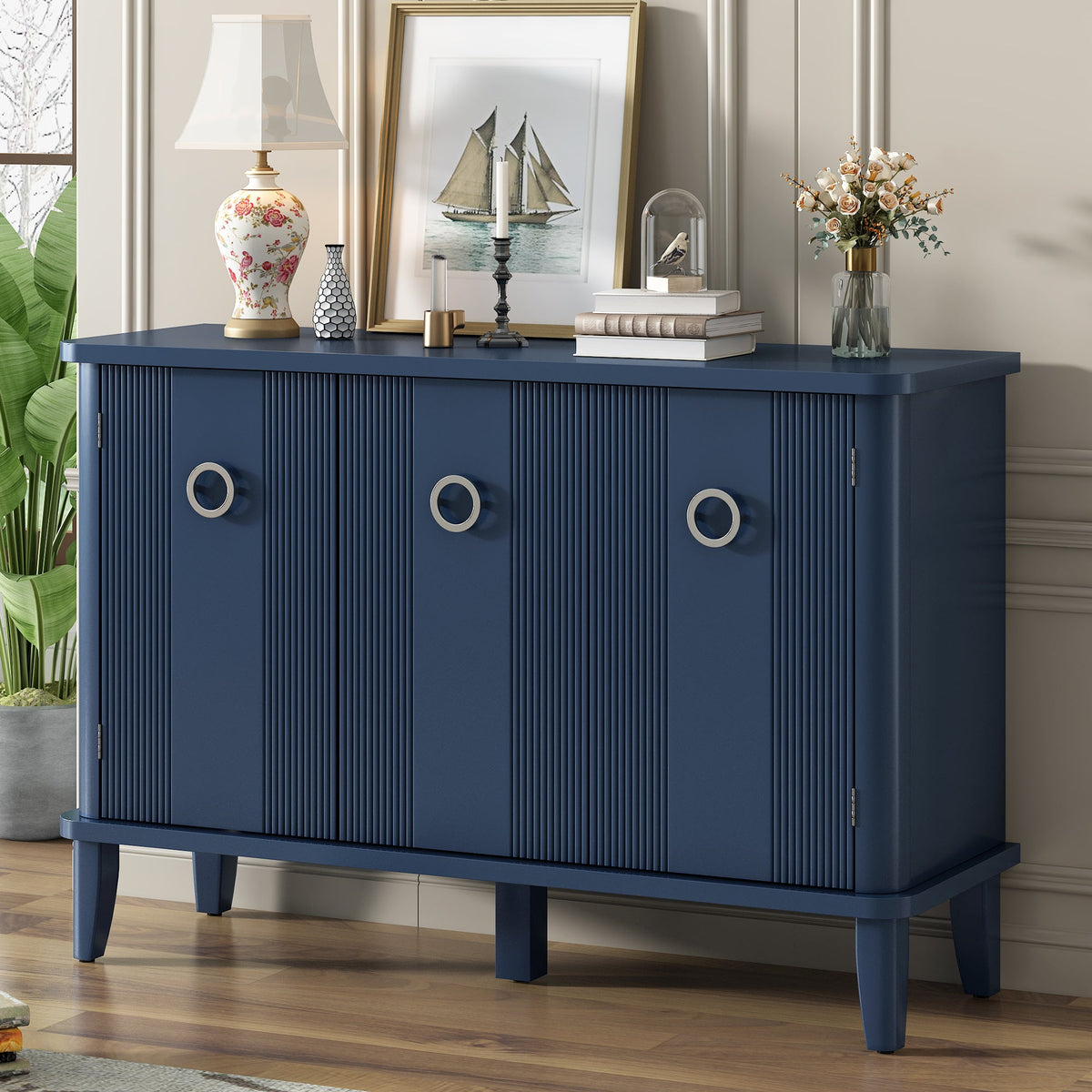 Simple and Atmospheric Solid Wood Veneer Fraxinus Mandschuric Cabinet With Three Acacia Solid Doors,Adjustable, Suitable