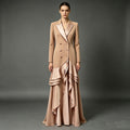 Khaki Satin Ruffle Tiered Blazer-Style Maxi Evening Gown