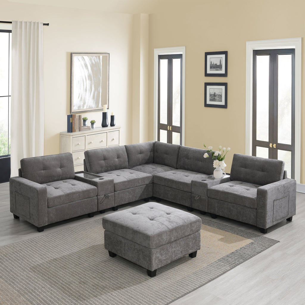 104'' Sectional Sofa With Acrylic Table Top,Chenille U Shaped Couch Set With 2 Consoles,USB Charger,Storage Drawers and