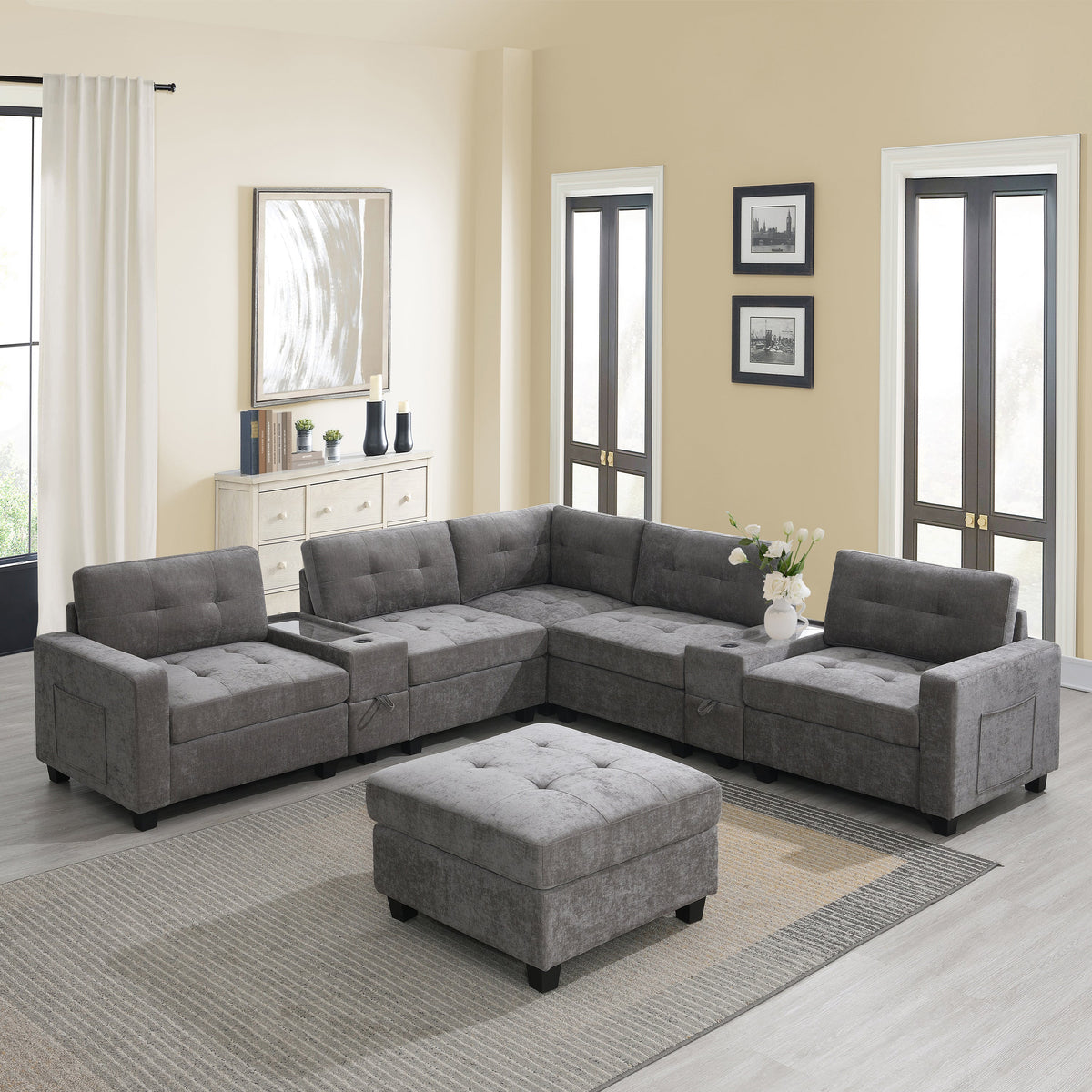104-calowa sofa narożna z akrylowym blatem, zestaw wypoczynkowy w kształcie litery U z tkaniny szenilowej z 2 konsolami, ładowarką USB, szufladami do przechowywania i