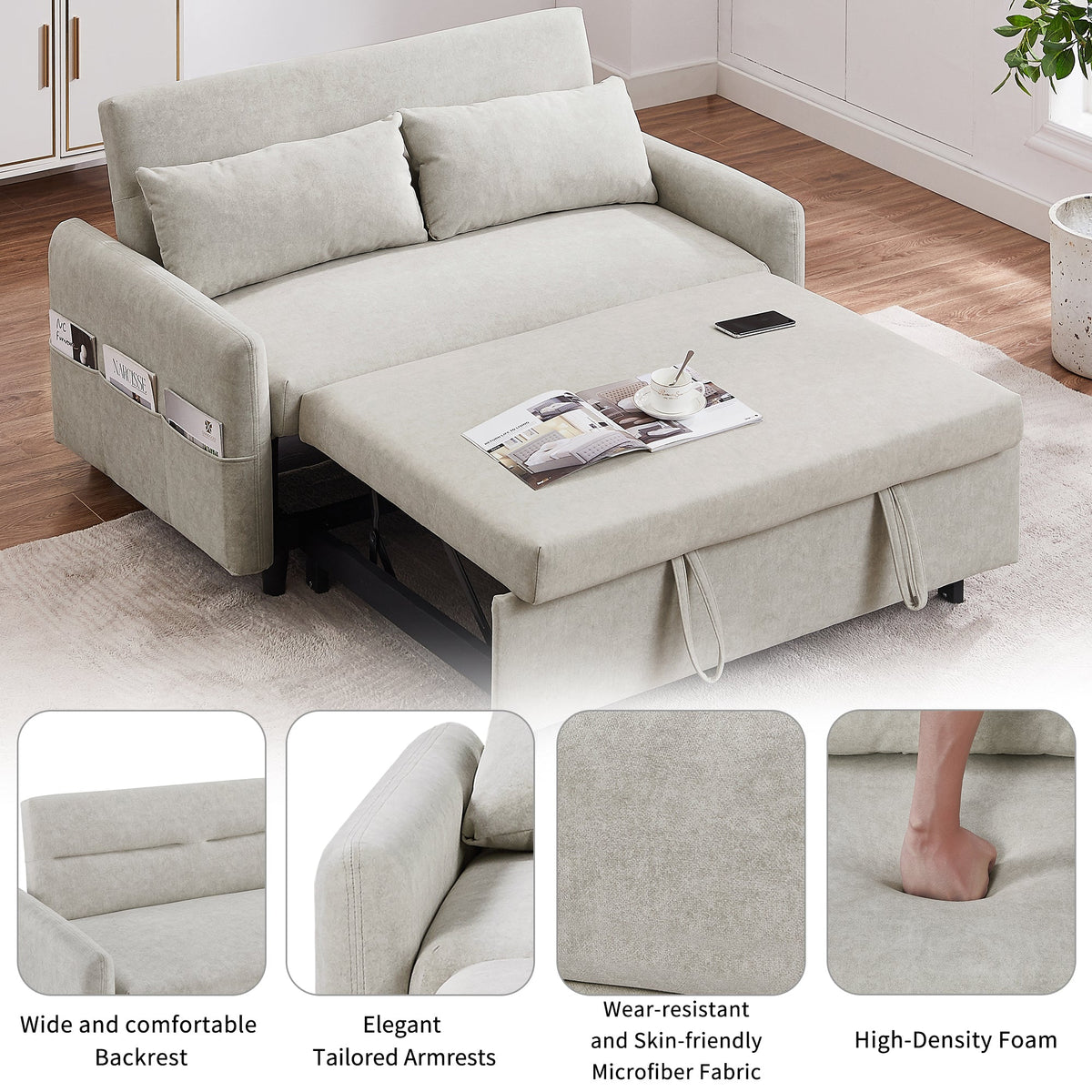 55.1" Pull Out Sleep Sofa Bed Loveseats Sofa Couch With Adjsutable Backrest, Storage Pockets, 2 Soft Pillows, USB Ports