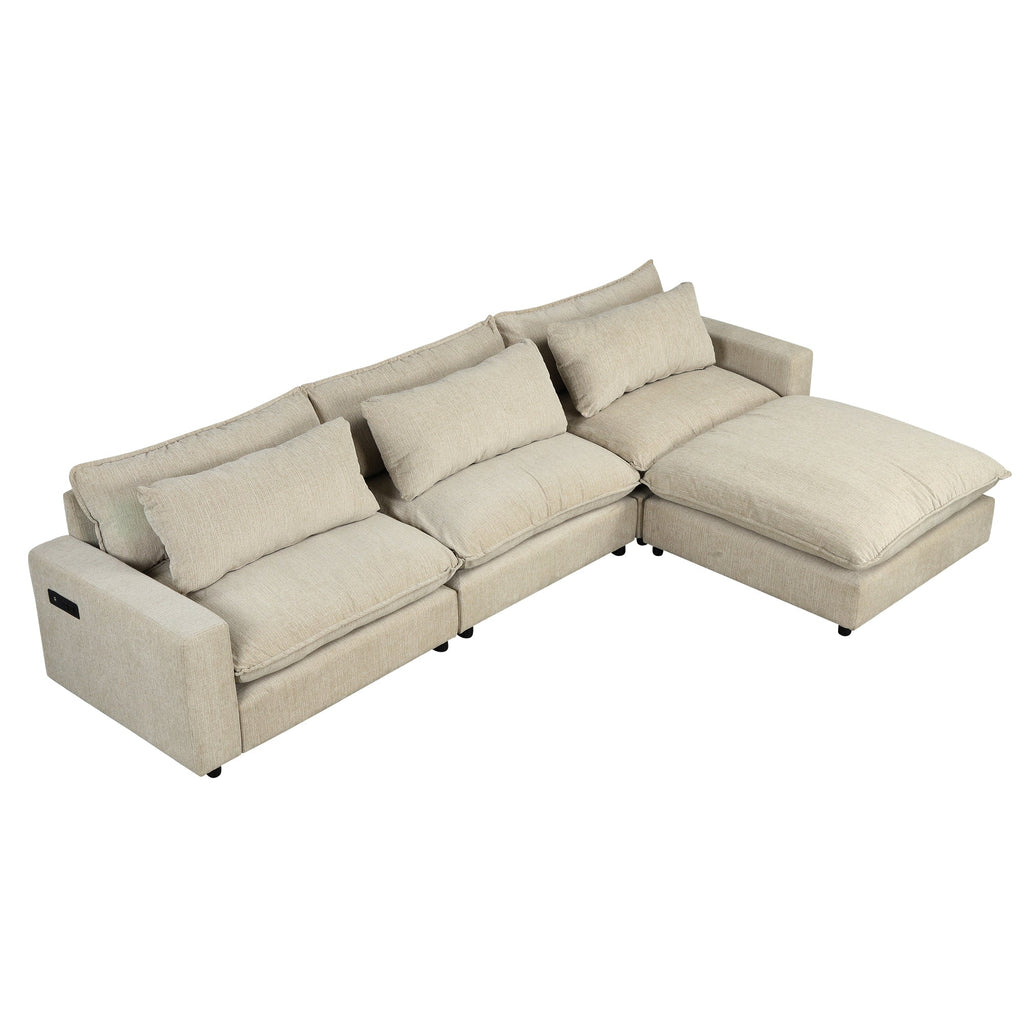 128" Sectional Sofa Cloud Sofa Chenille Upholstered Sofa  Couch With Movable Ottoman, Comfortable Seat Cushions, Chargin