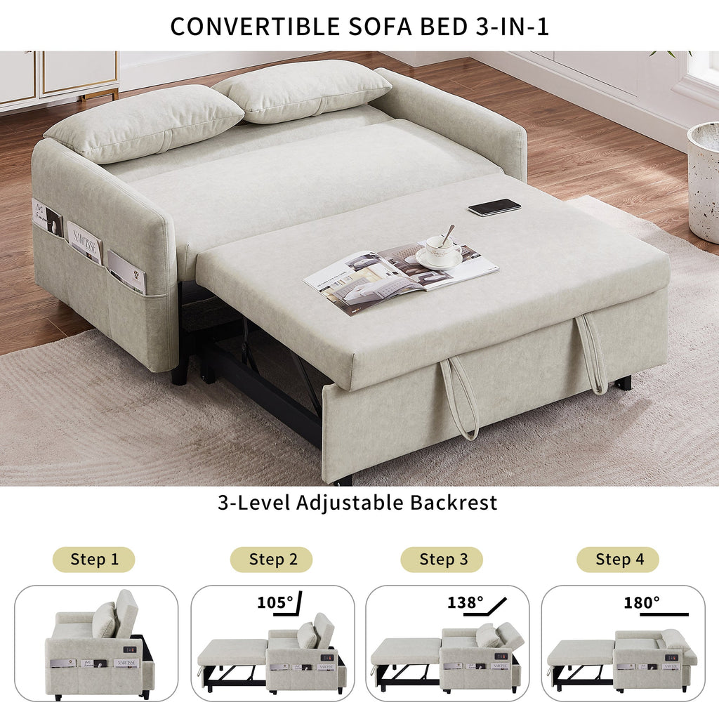 55.1" Pull Out Sleep Sofa Bed Loveseats Sofa Couch With Adjsutable Backrest, Storage Pockets, 2 Soft Pillows, USB Ports