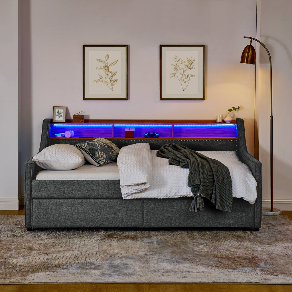 Twin Size Upholstery Sofa Bed With Three LED Lights, With Storage Adjustable Headboard, With Two Storage Pull Up Drawers