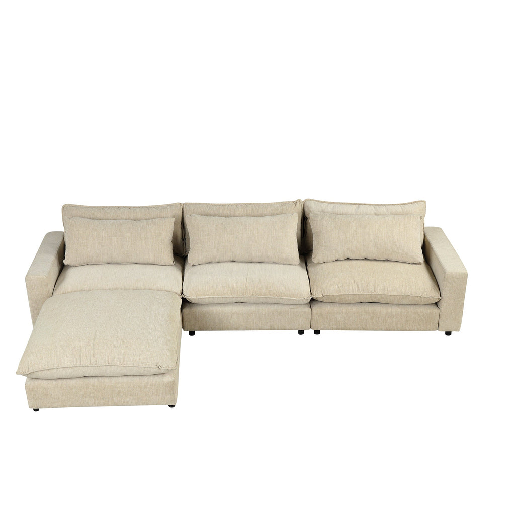 128" Sectional Sofa Cloud Sofa Chenille Upholstered Sofa  Couch With Movable Ottoman, Comfortable Seat Cushions, Chargin