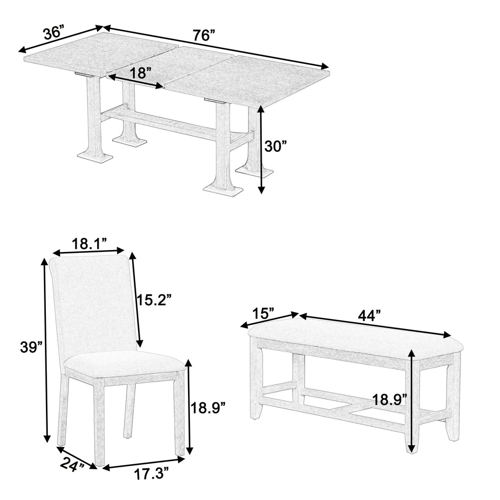 Farmhouse 76inch 6-Piece Extendable Dining Table Set Trestle Kitchen Table Set With 18inch Removable Leaf and Upholstere