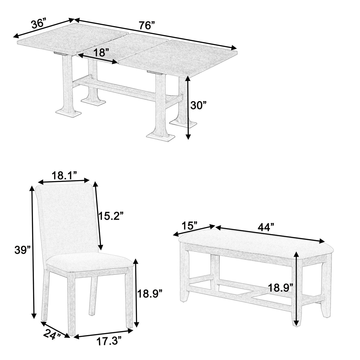 Farmhouse 76inch 6-Piece Extendable Dining Table Set Trestle Kitchen Table Set With 18inch Removable Leaf and Upholstere