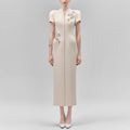 Crystal-Trim Floral Applique Midi Formal Dress