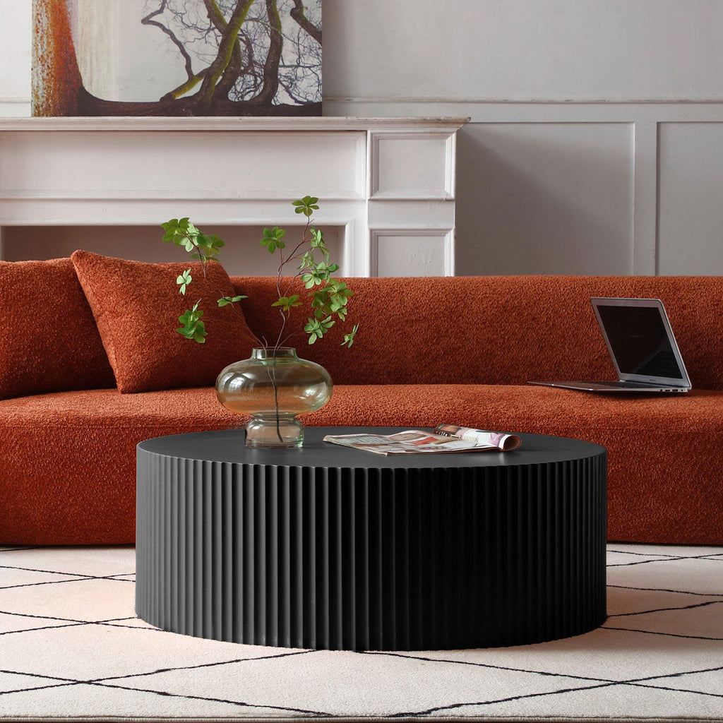 Sleek and Modern Round Coffee Table With Eye-Catching Relief Design, Black