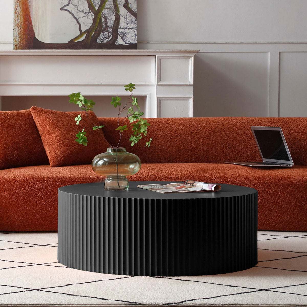 Sleek and Modern Round Coffee Table With Eye-Catching Relief Design, Black