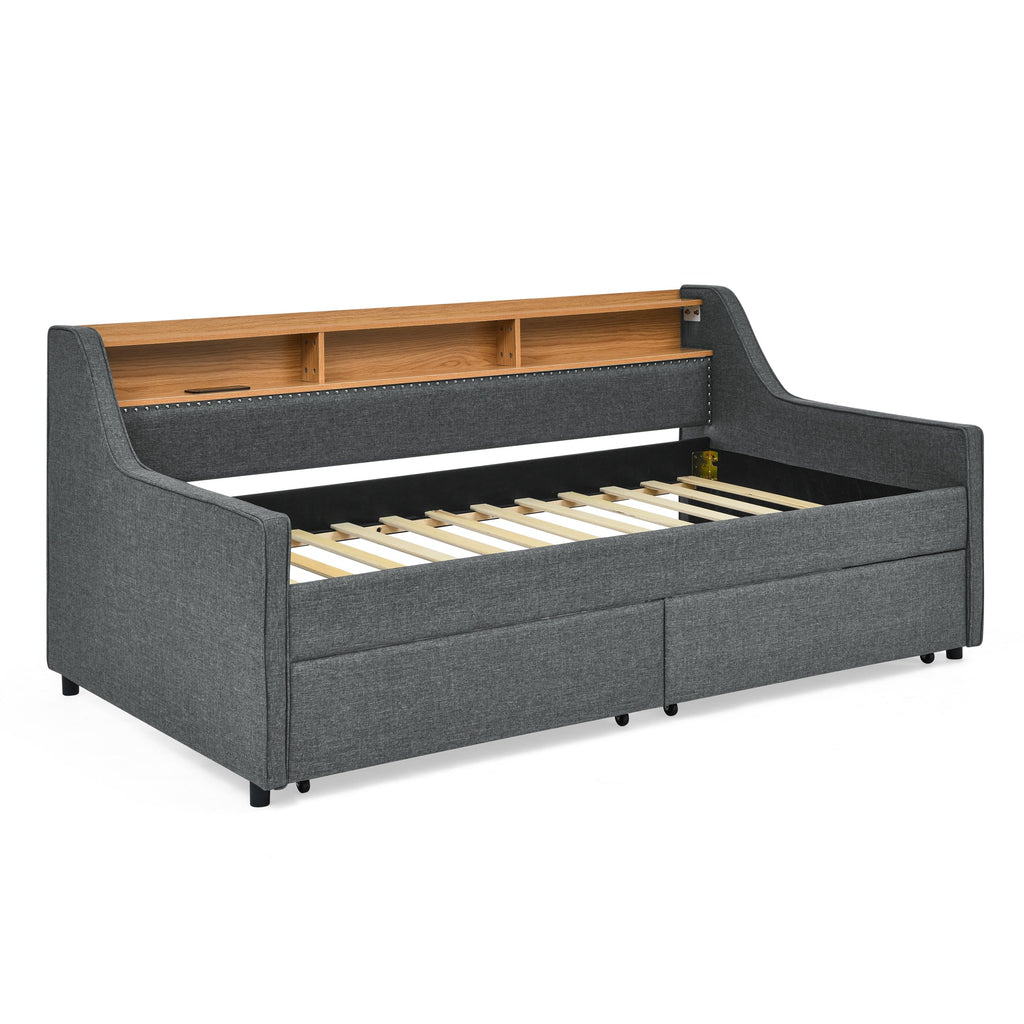 Twin Size Upholstery Sofa Bed With Three LED Lights, With Storage Adjustable Headboard, With Two Storage Pull Up Drawers