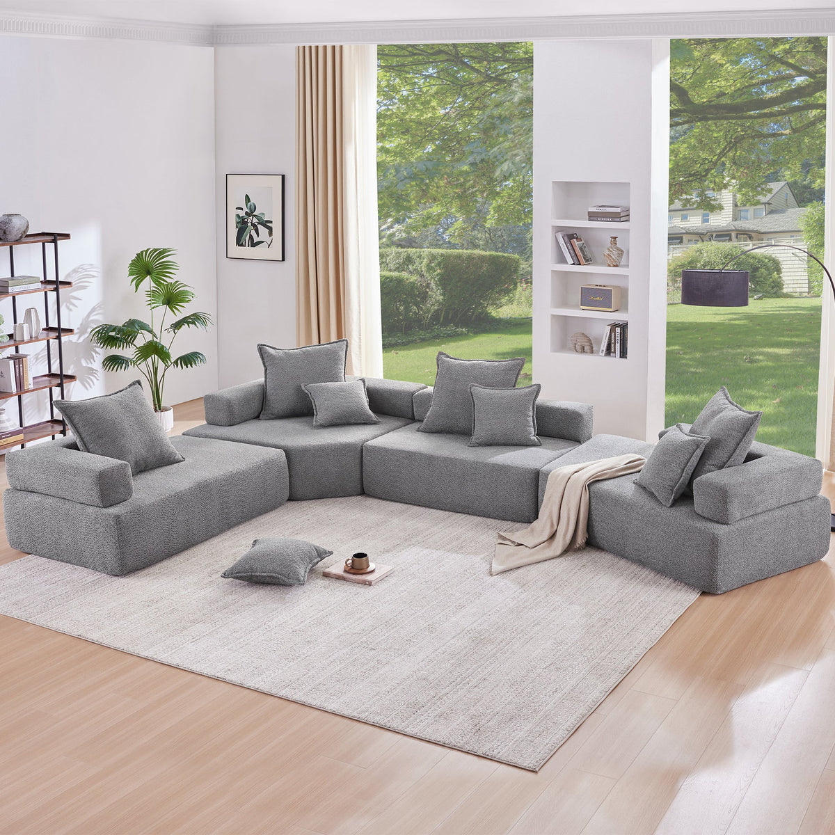156-calowy narożnik modułowy w kształcie litery U, luksusowa sofa podłogowa z tkaniny boucle, rozkładana kanapa, przestronne siedzisko z wypełnieniem piankowym