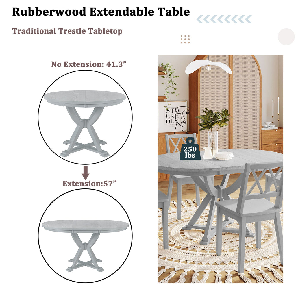Mid-Century 5-Piece Extendable Round Dining Table Set With 15.7" Removable Leaf and 4 Cross Back Dining Chairs, Grey