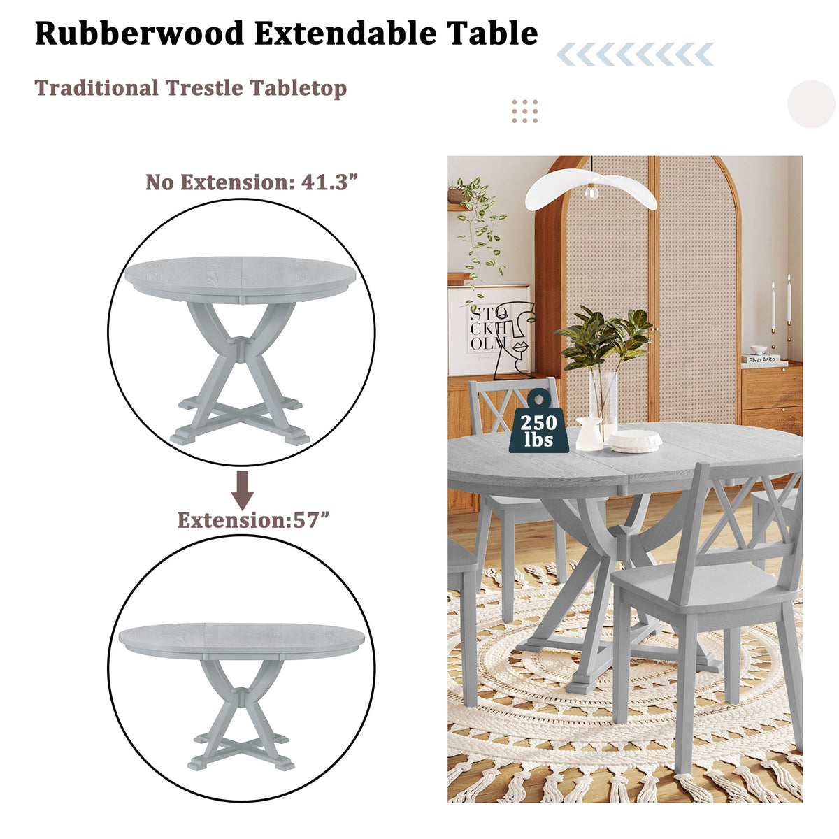 Mid-Century 5-Piece Extendable Round Dining Table Set With 15.7" Removable Leaf and 4 Cross Back Dining Chairs, Grey