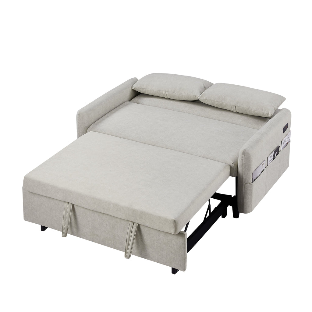 55.1" Pull Out Sleep Sofa Bed Loveseats Sofa Couch With Adjsutable Backrest, Storage Pockets, 2 Soft Pillows, USB Ports