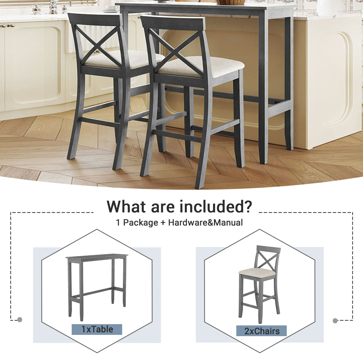 Farmhouse 48"Rectangular Wood Bar Height Dining Set Kitchen Breakfast Nook With 2 Chairs for Small Places,Gray