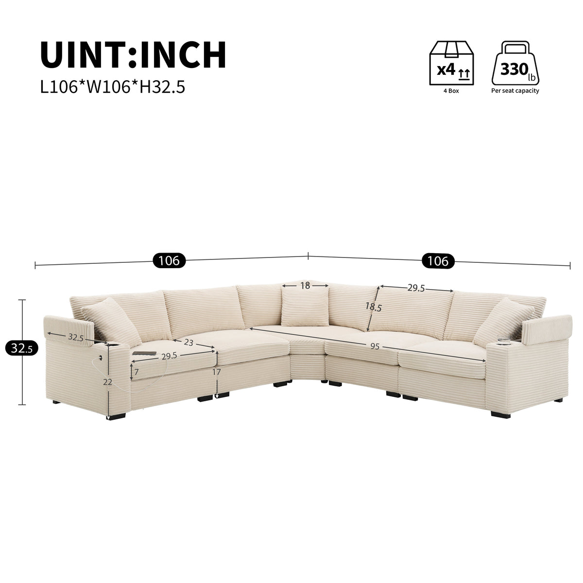 106" Convertible L Shaped Sectional Sofa,Corduroy Corner Couch With Armrest Storage,Cup Holders,USB Charger,Irregular Co