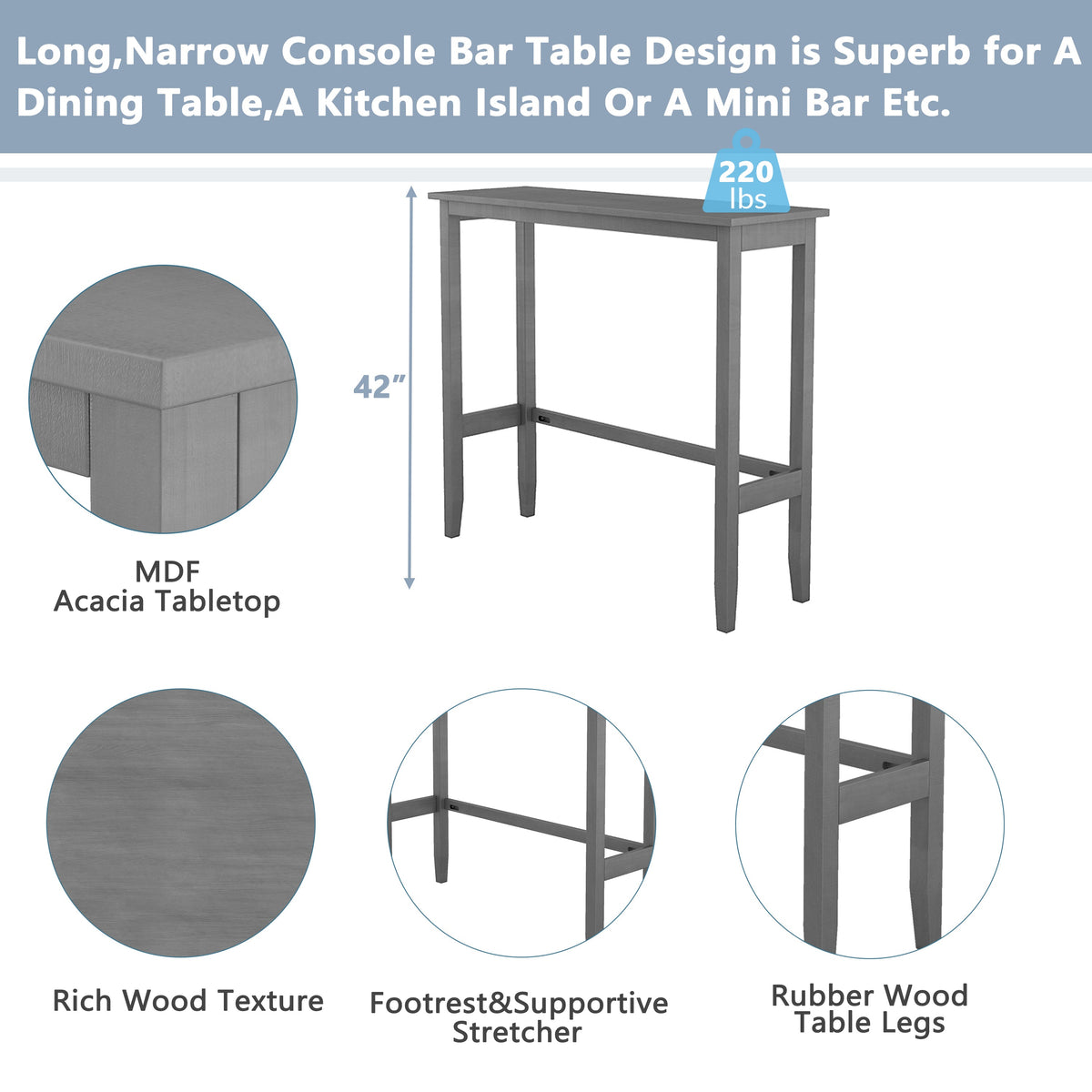 Farmhouse 48"Rectangular Wood Bar Height Dining Set Kitchen Breakfast Nook With 2 Chairs for Small Places,Gray