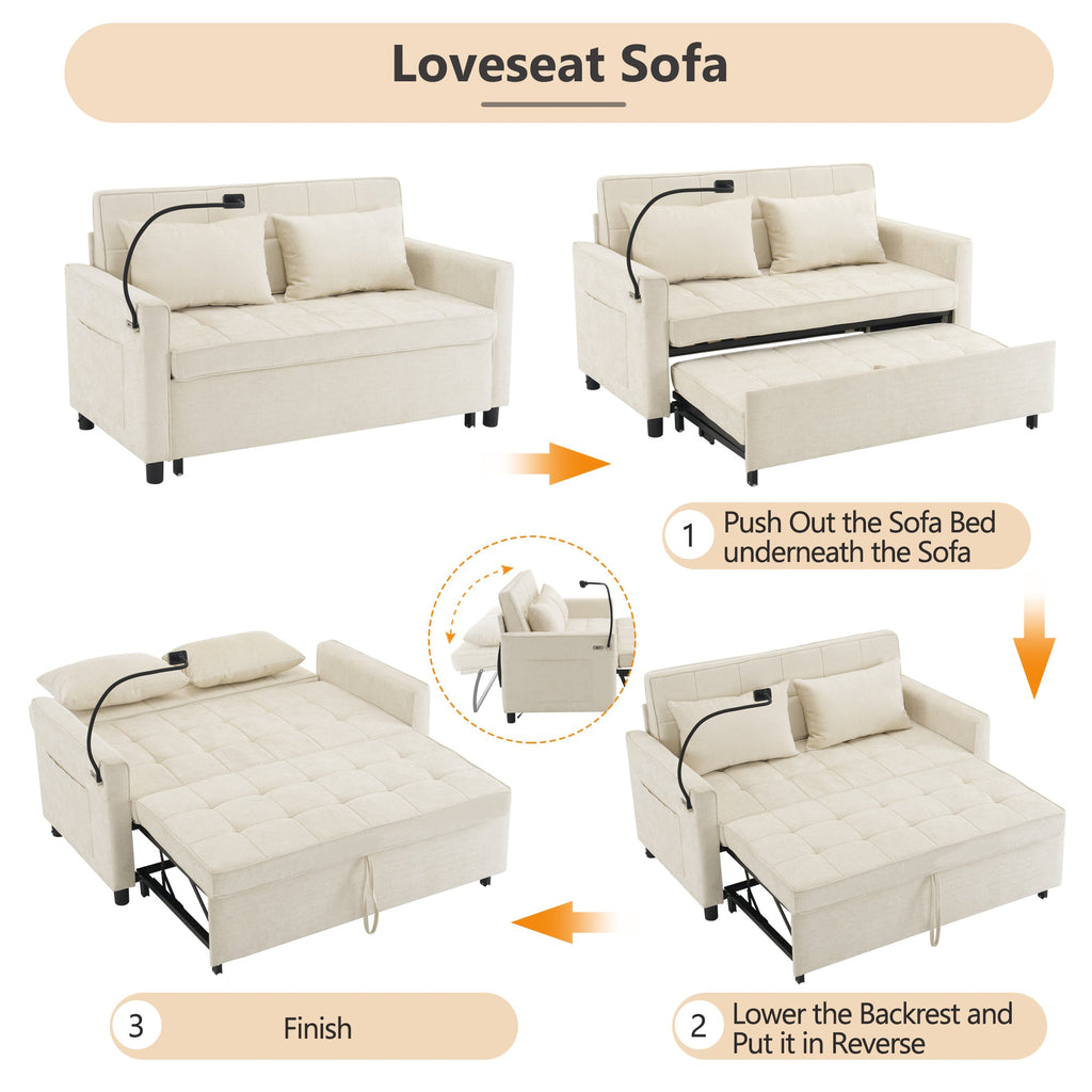 Sofá de dos plazas de 56.9" con cama nido, respaldo reversible, bolsillos laterales, dos puertos USB y un