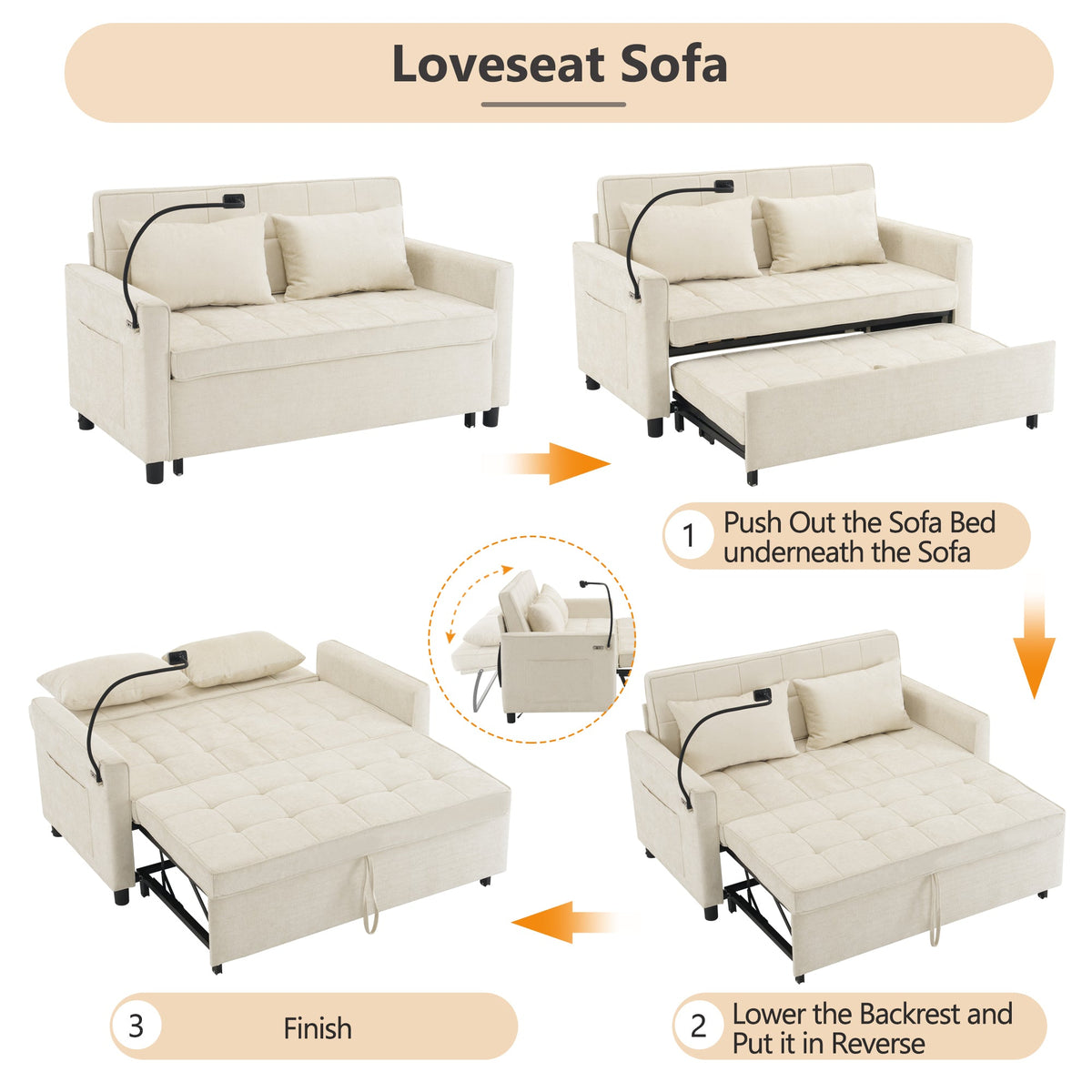 56,9-calowa sofa dwuosobowa, rozkładana sofa z funkcją spania, z dwustronną poduszką oparcia, bocznymi kieszeniami, dwoma portami USB i A