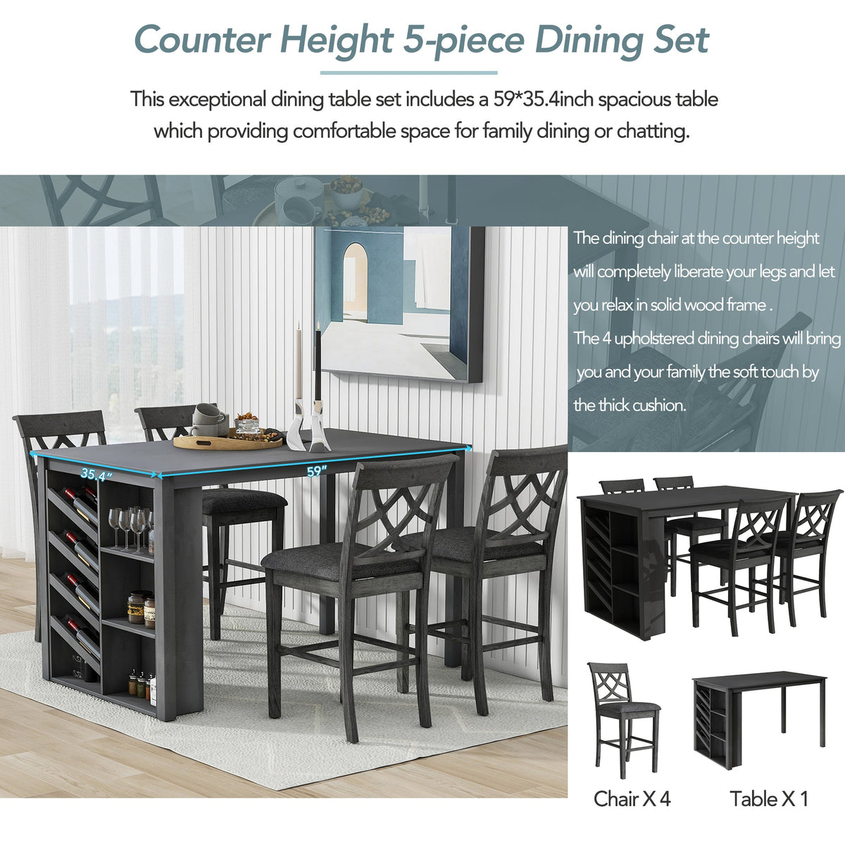 Updated Counter Height 5-Piece Solid Wood Dining Table Set, 59*35.4Inch Table With Curved Wine Rack and 4 Upholstered Ch