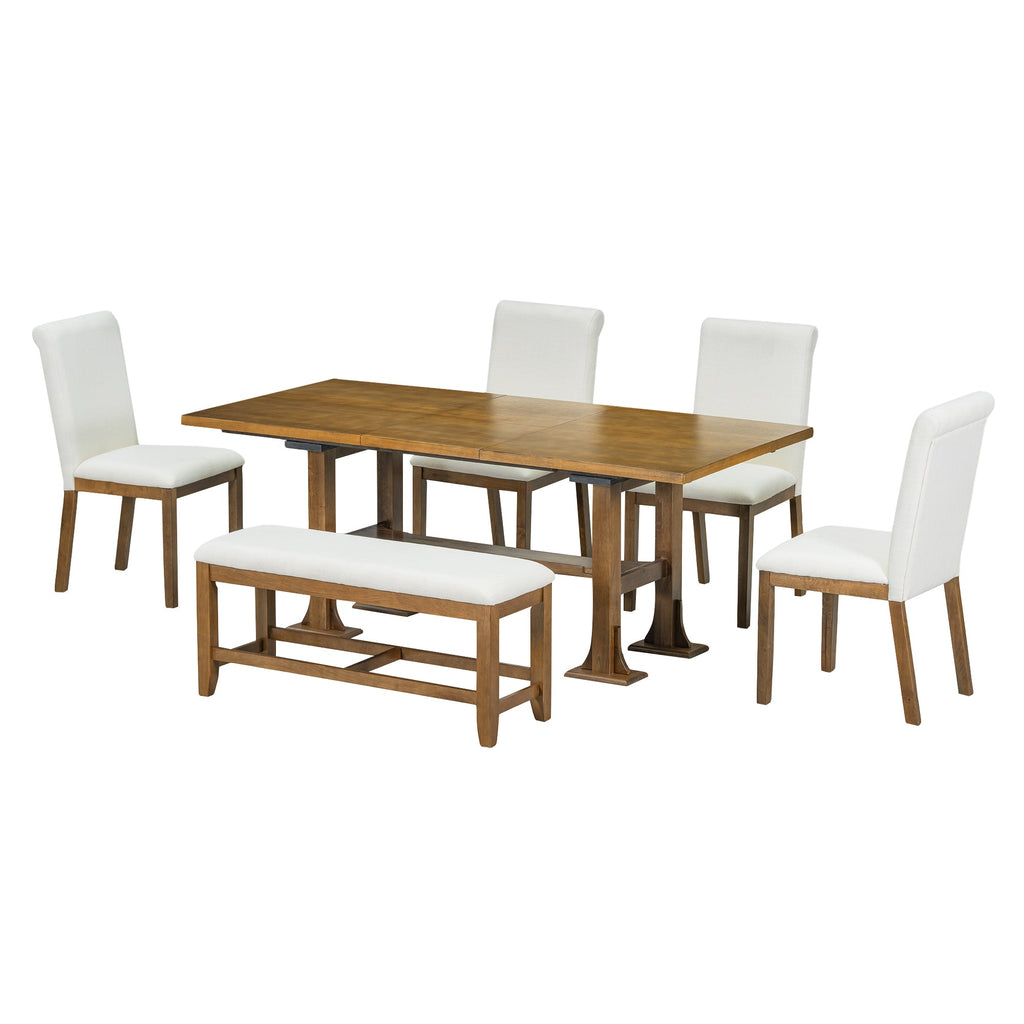 Farmhouse 76inch 6-Piece Extendable Dining Table Set Trestle Kitchen Table Set With 18inch Removable Leaf and Upholstere