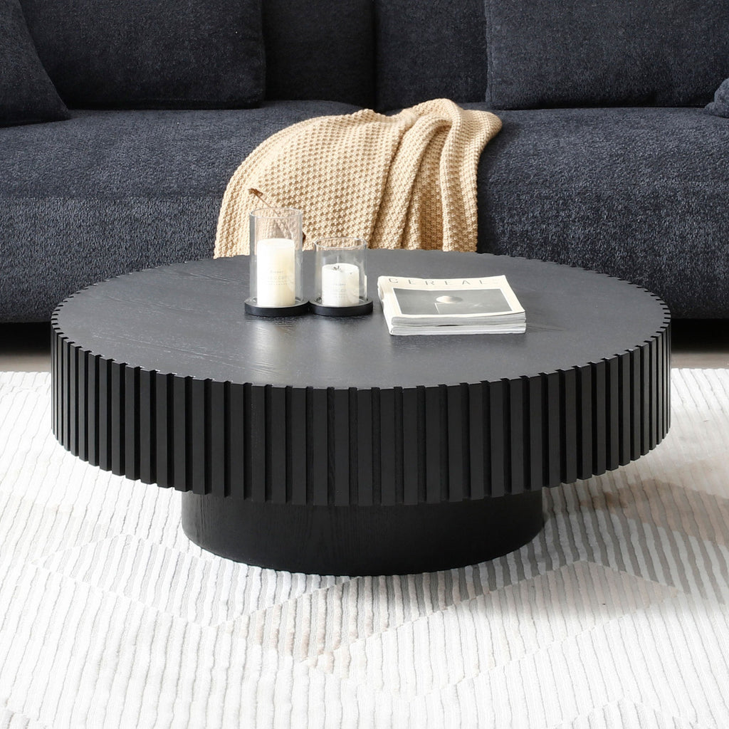 BLACK MDF Coffee Table 39.37inch Modern Handcraft Drum Coffee Table Round Wood Coffee Table for Living Room, Apartment
