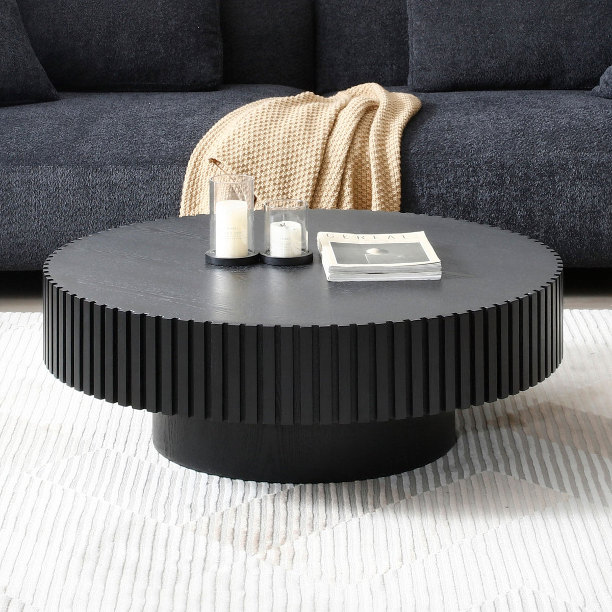 BLACK MDF Coffee Table 39.37inch Modern Handcraft Drum Coffee Table Round Wood Coffee Table for Living Room, Apartment