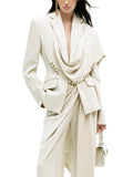 Waterfall Draped Pearl Crystal Bead Trim Asymmetrical Tailored Blazer