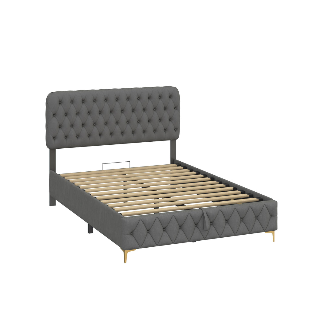 Queen Platform Bed Frame With Pneumatic Hydraulic Function, Velvet Upholstered Bed With Deep Tufted Buttons, Lift Up Sto