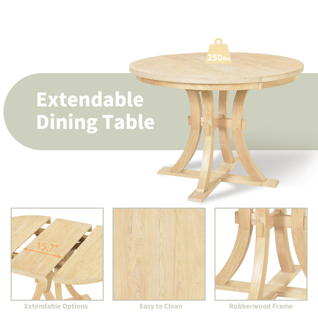 5-Piece Rustic Round Pedestal Extendable Dining Table Set With 15.7" Removable Leaf and Simple Dining Chirs for Small Pl