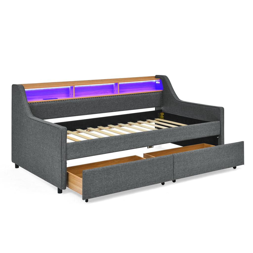 Twin Size Upholstery Sofa Bed With Three LED Lights, With Storage Adjustable Headboard, With Two Storage Pull Up Drawers