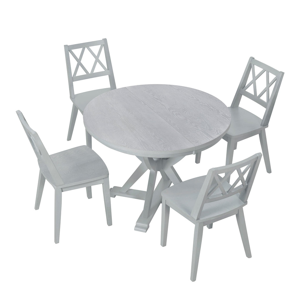 Mid-Century 5-Piece Extendable Round Dining Table Set With 15.7" Removable Leaf and 4 Cross Back Dining Chairs, Grey