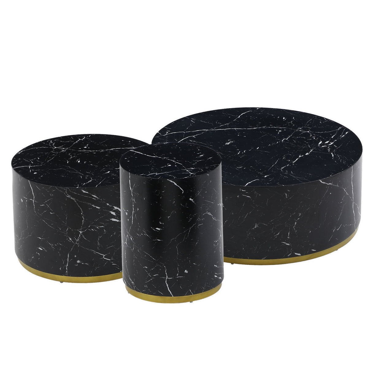 Set of 3 Black Marble Pattern  Round Coffee Table Side Table End Table Set for Living Room Fully Assembled