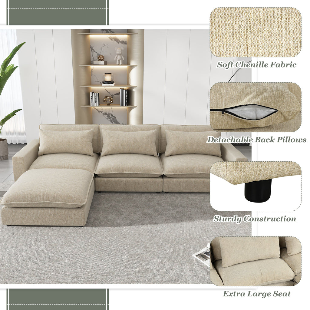 128" Sectional Sofa Cloud Sofa Chenille Upholstered Sofa  Couch With Movable Ottoman, Comfortable Seat Cushions, Chargin