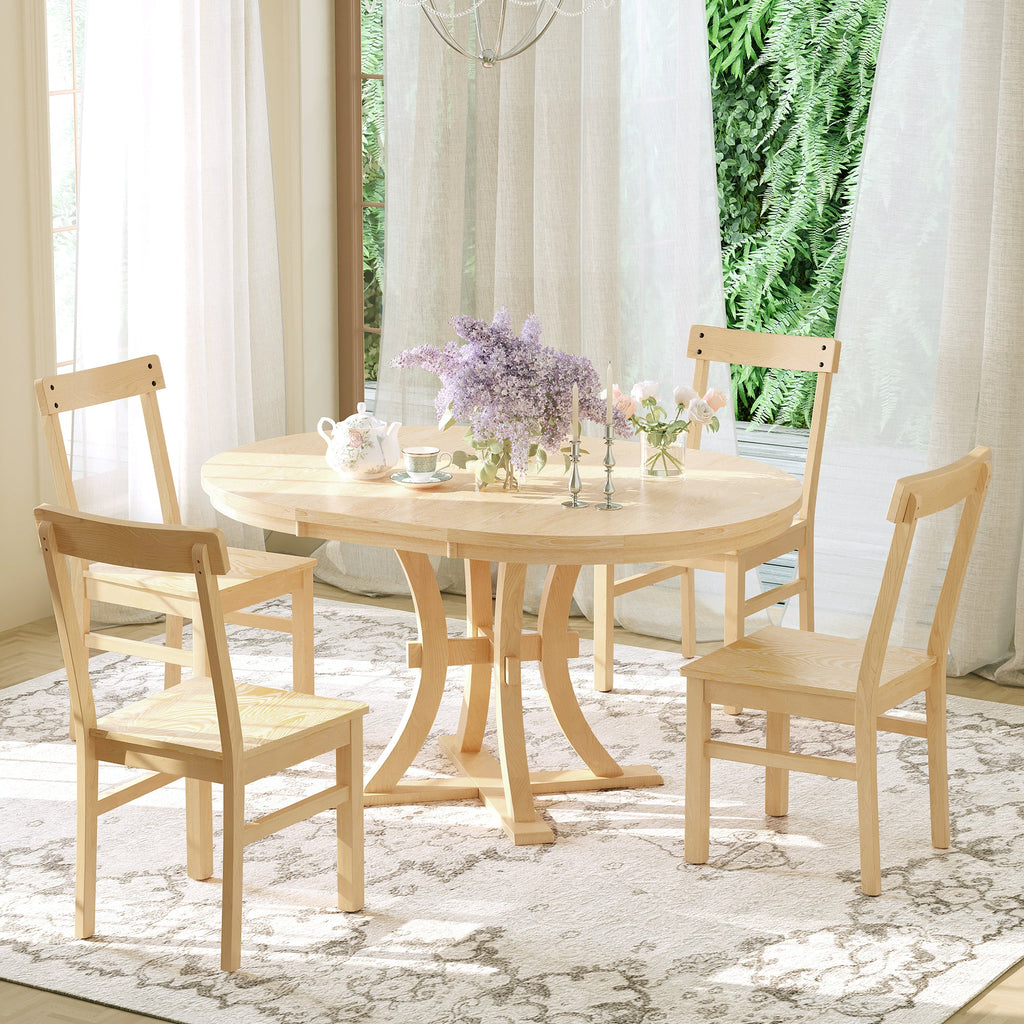 5-Piece Rustic Round Pedestal Extendable Dining Table Set With 15.7" Removable Leaf and Simple Dining Chirs for Small Pl
