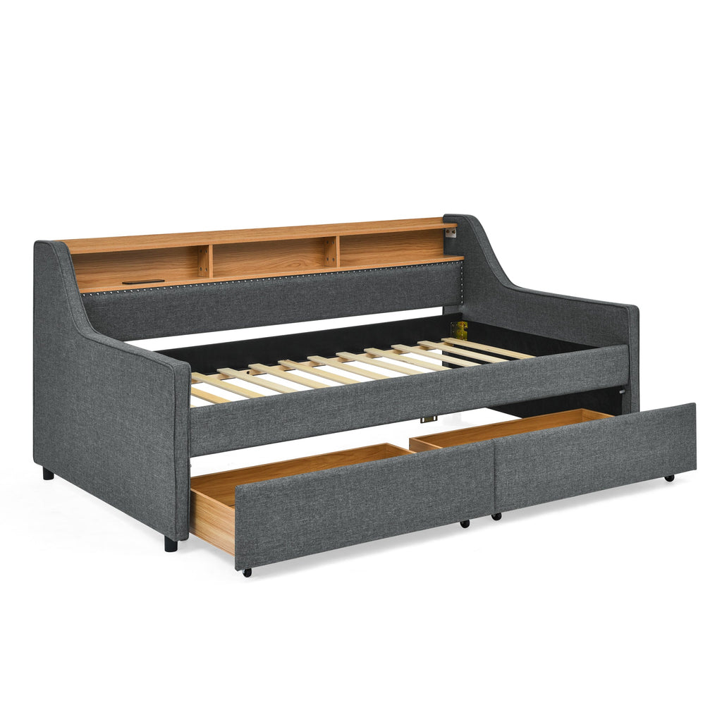 Twin Size Upholstery Sofa Bed With Three LED Lights, With Storage Adjustable Headboard, With Two Storage Pull Up Drawers