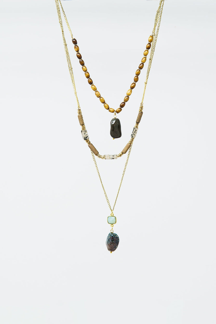 Ethnic 3 in 1 Necklace With Large Stones and Natural Beads