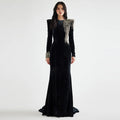 Velvet Long-Sleeve Fringe Beaded Shoulder Mermaid Evening Gown