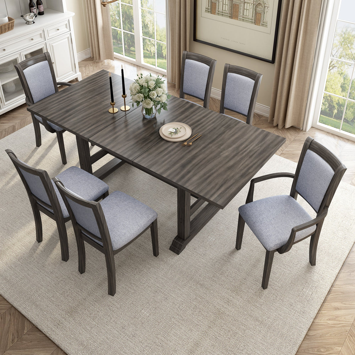 7-Piece Updated 76.9inch Extendable Trestle Dining Table Set With Removable Leaf, Kitchen Table Set With Upholstered Sid